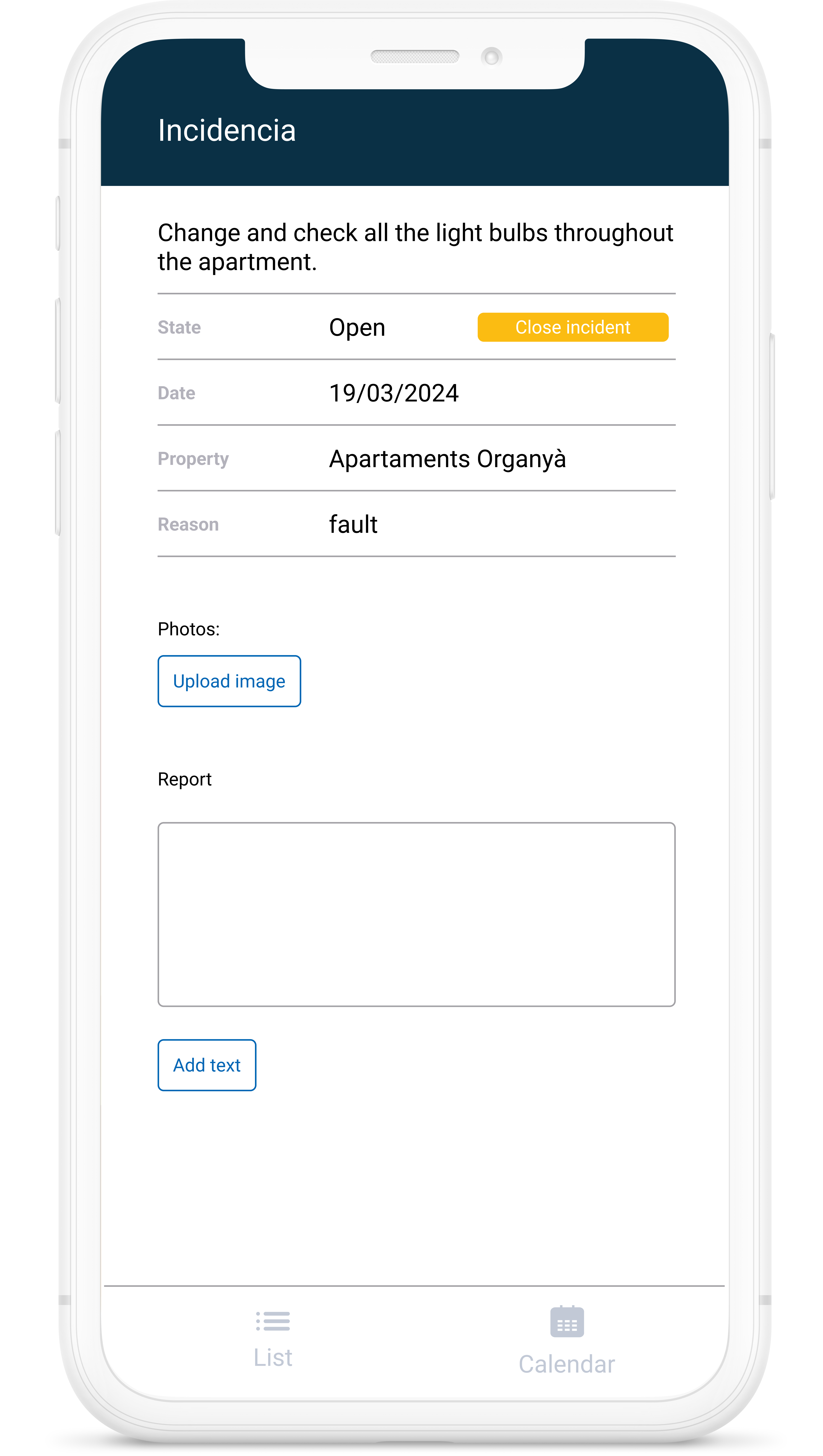 Dispositivo móvil donde se muestra la ficha de incidencia podrán ver el detalle del problema a resolver dentro de la app